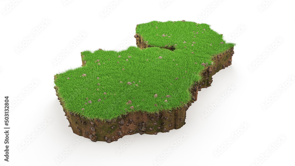 Poster 3d rendering of a detailed zambia map with green grass and soil mud on a white background