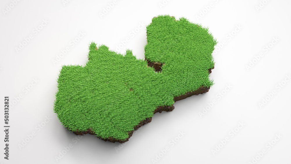 Poster 3d rendering of a detailed zambia map with grass and soil on a white background