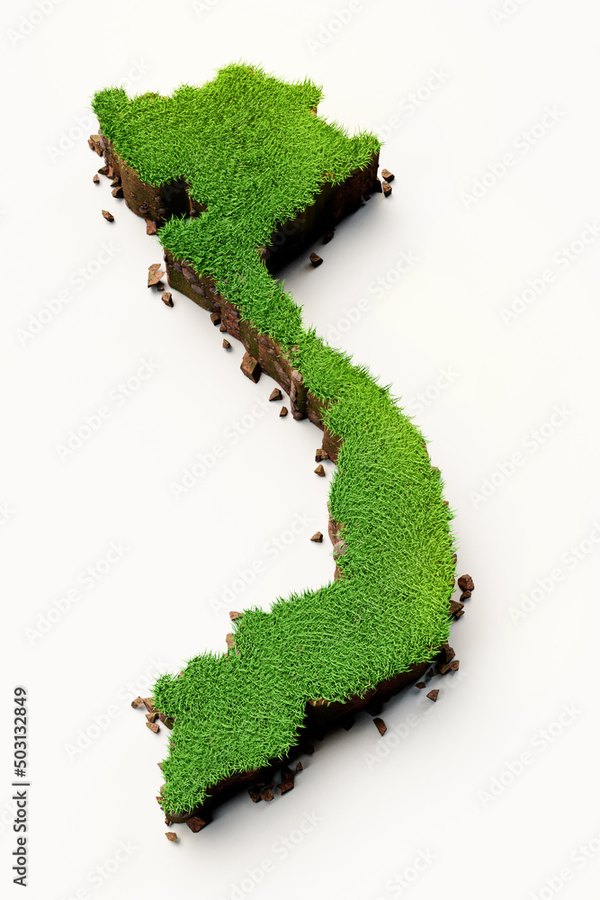 Poster vertical 3d rendering of a detailed vietnam map with green grass and soil