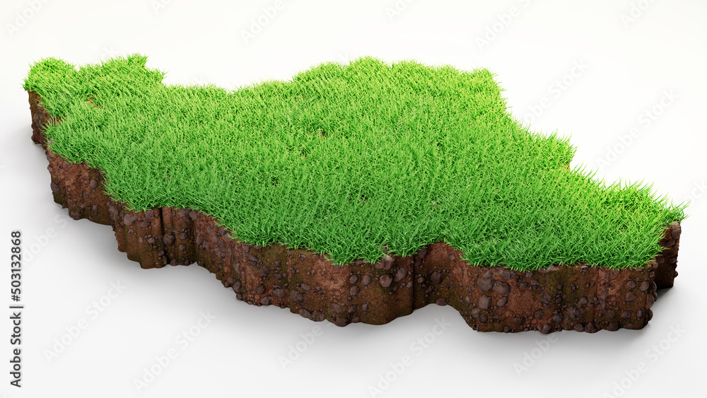 Poster 3d rendering of a detailed iran map with grass and soil on a white background