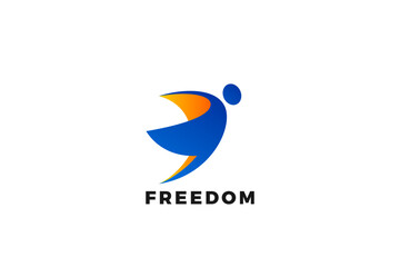 Freedom Leader Logo Flying Man Abstract Design vector template. Elegant silhouette Man with Wings Logotype concept.