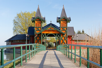 Fototapeta na wymiar Beautiful traditional architecture along a pier on lake Balaton in Keszthely, Hungary