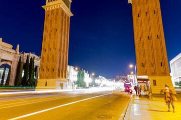 Night view at the Placa d'Espanya, the Spain Square in Barcelona, Spain