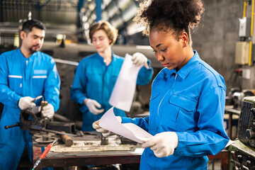 Senior asian engineer man and african american woman worker  in protective uniform operating...