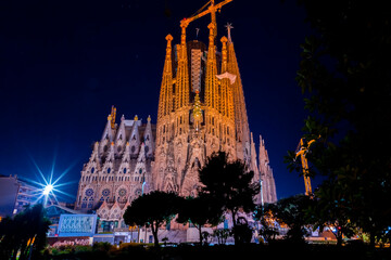 Exterior night view from La Sagrada Familia Basilica in Barcelona, Spain