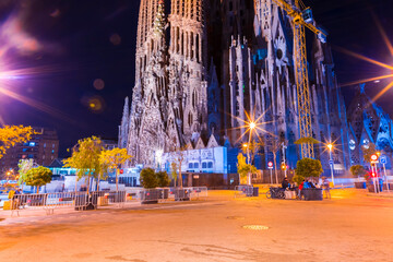 Exterior night view from La Sagrada Familia Basilica in Barcelona, Spain