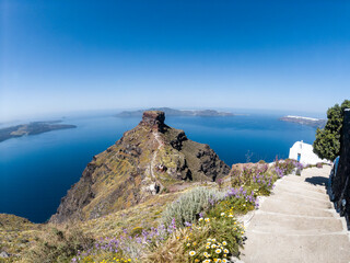 Beautiful view of the rock hill of Skaros, in Santorini island, Greece, and sea view of the...