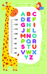 Meter wall or height chart with cute giraffe alphabet. Vector illustration. Children's poster. Decor for a children's playroom.