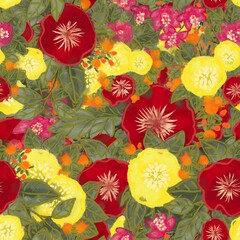 Seamless floral pattern with nasturtzi flowers, roses. Summer bright print for fabric, dresses.