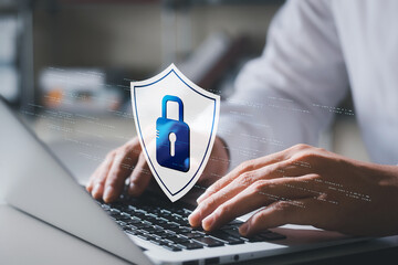 cybersecurity concept Global network security technology, business people protect personal information. Encryption with a key icon on the virtual interface.