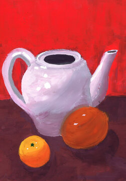 Educational still life "Porcelain kettle and fruits." Painting