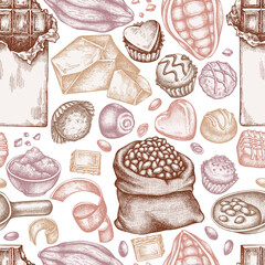 Seamless pattern with hand drawn pastel cocoa beans, cocoa, chocolate, chocolate candies