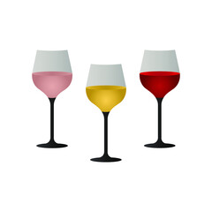 Set of wine glasses with rose, white and red wine. Glass of wine, vector illustration