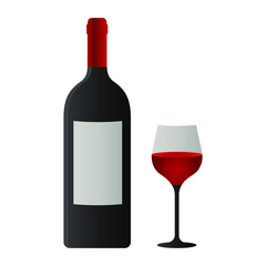 Red wine bottle and glass with blank label. Bottle and glass of red wine.