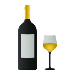 White wine bottle and glass with blank label. Bottle and glass of white wine.