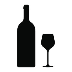 Wine bottle and glass silhouette isolated on white background, vector illustration