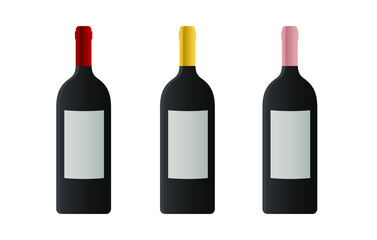 Set of red, white and rose wine bottles and glasses with blank labels. Bottle of red, white and rose wine, vector illustrations