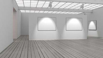 Exhibition, visit to a museum. Modern Art. Paintings on the walls. Copy-space, 3d rendering