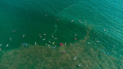Surfing, surfers lying in front of the ocean, swimming and waiting for the wave, active recreation.