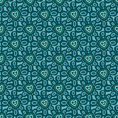 Vector seamless pattern with turquoise hearts. Pattern in folk style.