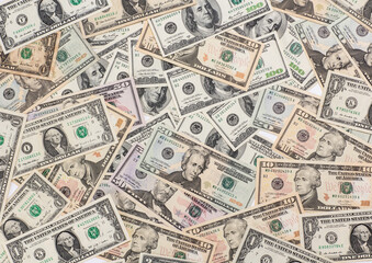 US Dollar cash background banknotes of all denominations