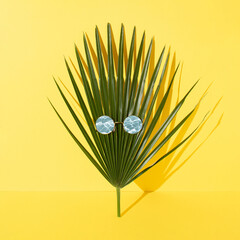 Creative composition made of palm leaf and sunglasses with water reflection. Minimal summer relax concept.