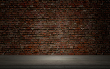 Interior room with old brick texture, wood floor and light. 3d rendering illustration.
