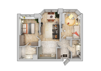 Plan of a two-room apartment. Plan in perspective from above.