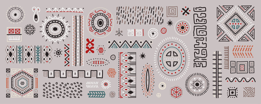 African Art Decoration Tribal Geometric Shapes Set. Isolated Colored Flat Vector Boho Symbols Illustrations. Ancient Indian Shapes And Animal Print Doodles.