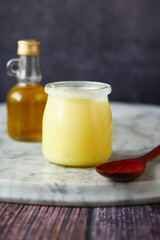 homemade ghee in container on a table ,