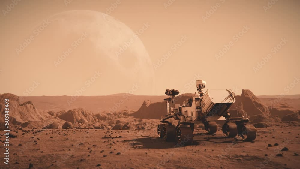 Wall mural footage of nasa's mars rover traveling across the surface of mars towards the moon