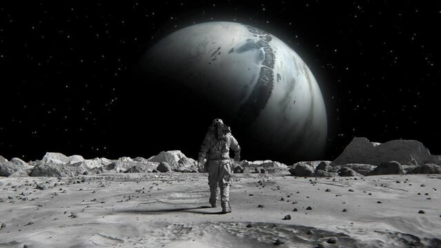 3D animation of a brave astronaut walking on the Moon towards a space planet