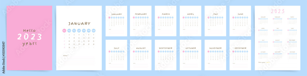 Wall mural 2023 wall calendar template design. ready to use cute pink personal calendar and planner with place 