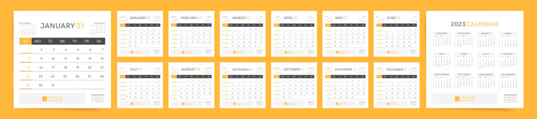 2023 Calendar square template design. Week starts on Sunday yellow square calendar for business. Desktop planner in simple clean style. Corporate or office calendar. English vector calendar layout. - obrazy, fototapety, plakaty