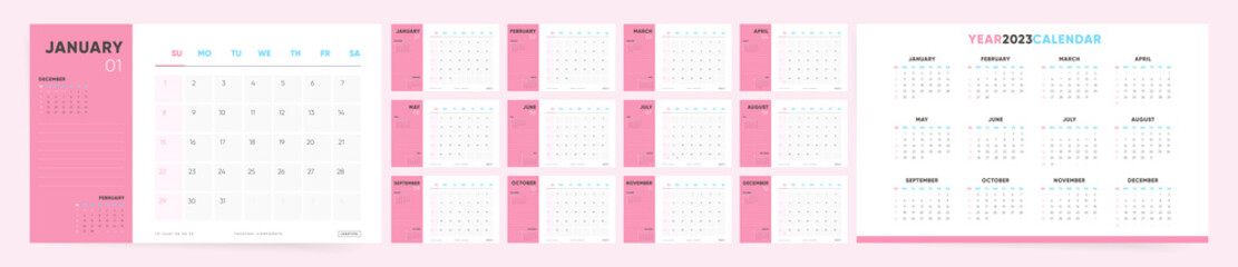2023 Calendar template design. Week starts on Sunday pink office calendar for businesswoman. Desktop planner in simple clean style. Corporate or business calendar. English vector calendar layout. - obrazy, fototapety, plakaty