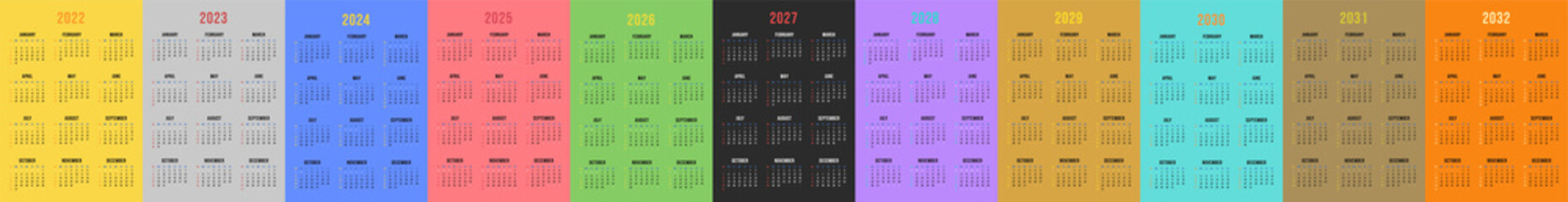 One Page Business calendars for 2023, 2024, 2025, 2026, 2027, 2028, 2029, 2030, 2031,2032 years. 12 months vertical calendar planners template design for 2023 year. Starts on Sunday.