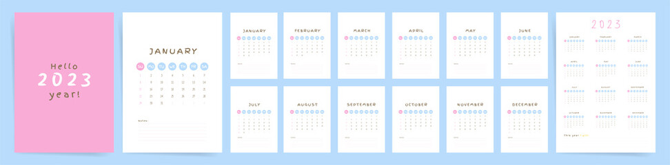 2023 wall calendar template design. Ready to use cute pink personal calendar and planner with place for notes. Vector vertical 12 months 2023 calendar. Starts on Sunday. - obrazy, fototapety, plakaty
