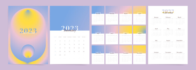 Gradient simple 12 months business calendar for 2023 year. Aesthetic 2023 calendar template design for wall or table use. Weeks starts Sunday. English language.