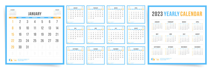 2023 Calendar square template design. Week starts on Sunday. Blue square calendar for business. Desktop planner in simple clean style. Corporate or office calendar. English vector calendar layout.