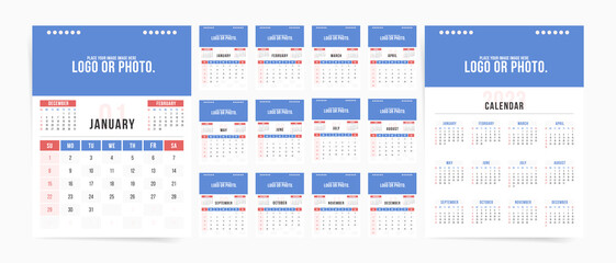 2023 wall calendar template design. Ready to use cute pink personal calendar and planner with place for image. Vector vertical 12 months 2023 calendar. Starts on Sunday.