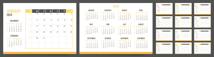 2023 Calendar template design. Week starts on Sunday black and yellow calendar for businessman. Desktop planner in simple clean style. Corporate or business calendar. English vector calendar layout. - obrazy, fototapety, plakaty