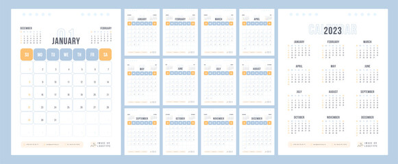 2023 Calendar template design. Week starts on Sunday black and blue calendar for businessman. Desktop planner in simple clean style. Corporate or business calendar. English vector calendar layout. - obrazy, fototapety, plakaty