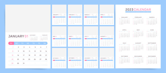 2023 business calendar planner template. Place for image, english, starts on sunday.  - obrazy, fototapety, plakaty