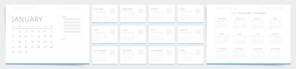 Monthly 2023 calendar template with notes. 12 months planner with do list and place for notes. Clean modern design.
