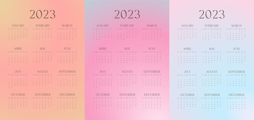 Wall creative 2023 year  one page calendar with blurred gradient. Colorful cute template for 12 months. Yearly cute fun 2023 calendar set.