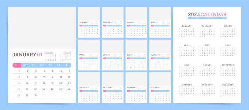 2023 business calendar planner template. Place for image, english, starts on sunday. 