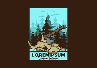 an ax stuck in a buffalo skull illustration