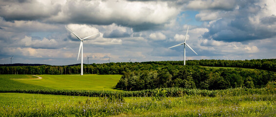 Panoramic shot of windmills on a green field and forest in the background under fluffy clouds