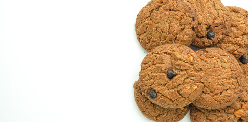Chocolate chip cookies crack on isolated white background