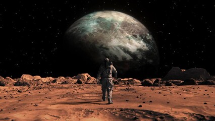 Footage of a brave astronaut in a suit confidently walking on Mars toward a space planet